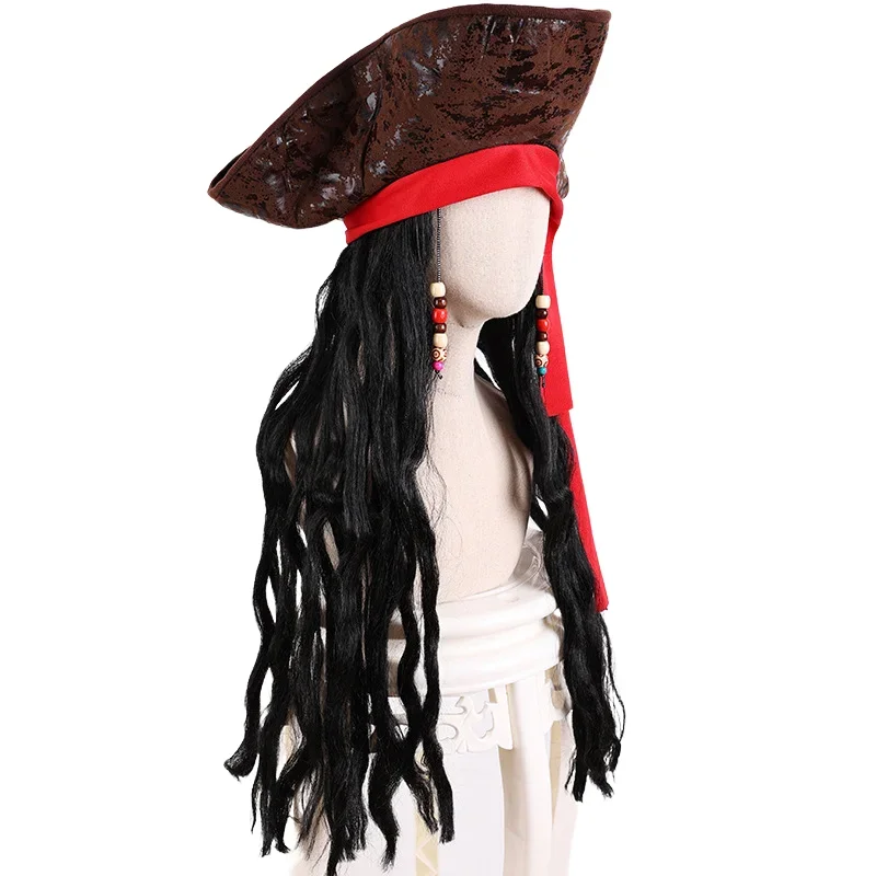 Halloween Pirate Costume Accessory Set Long Black Curly Wig Medieval Pirate Hat Carnival Masquerade Fancy Dress Party Props image 4