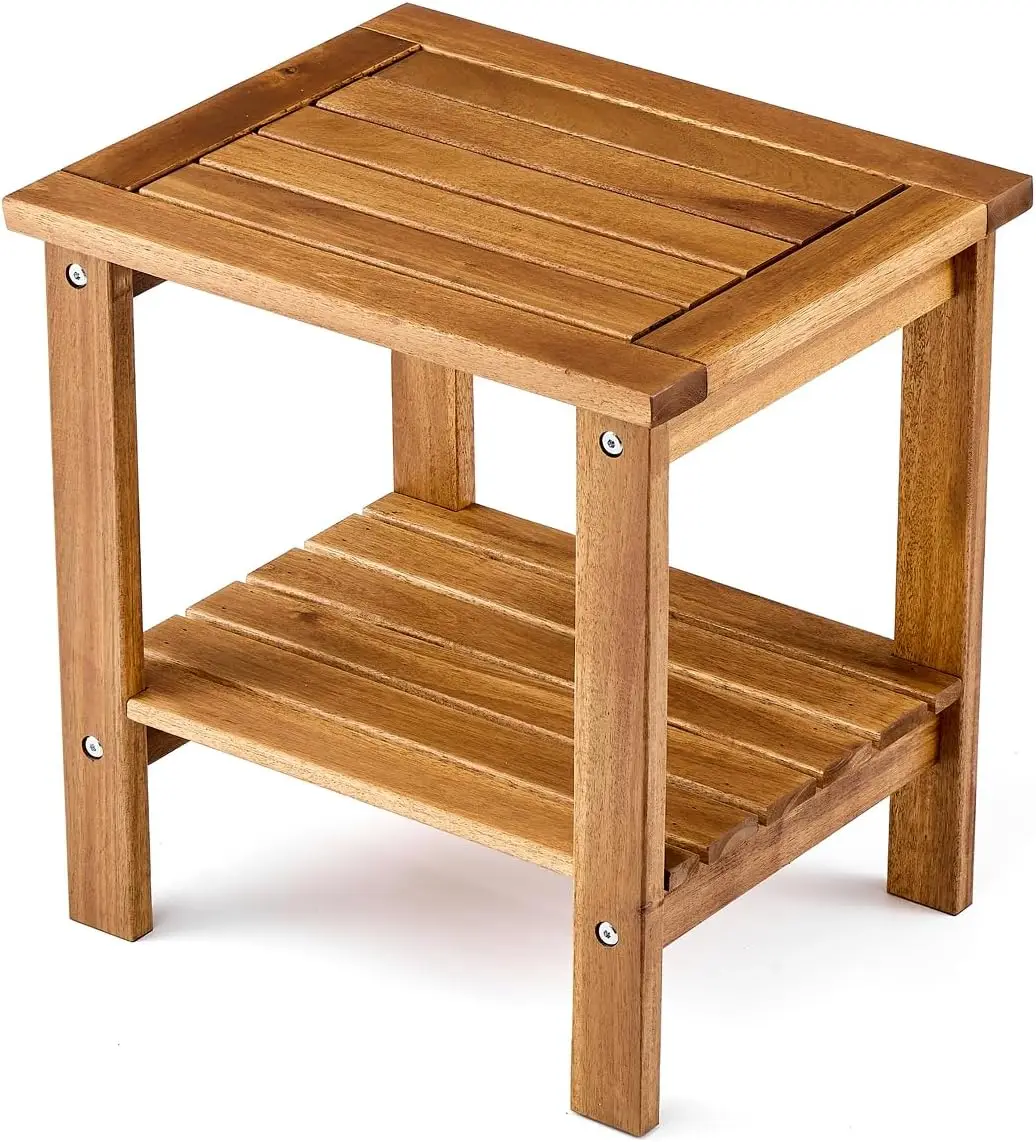Mesa auxiliar de madera de acacia de dos niveles, mesa cuadrada resistente a la intemperie para patio, jardín, porche, piscina, teca dorada