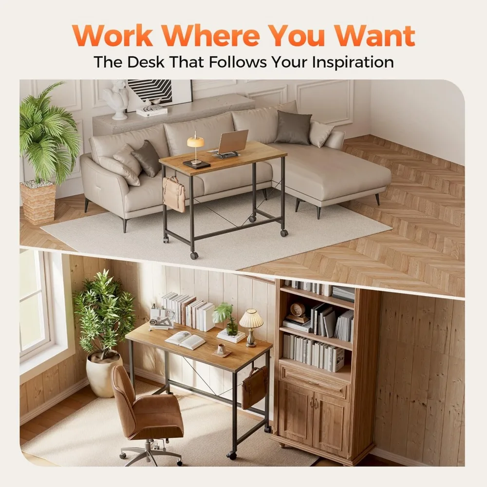 Compact Gaming Desk on Wheels for Small Spaces - Modern Minimalist Home Office and Study Writing Table