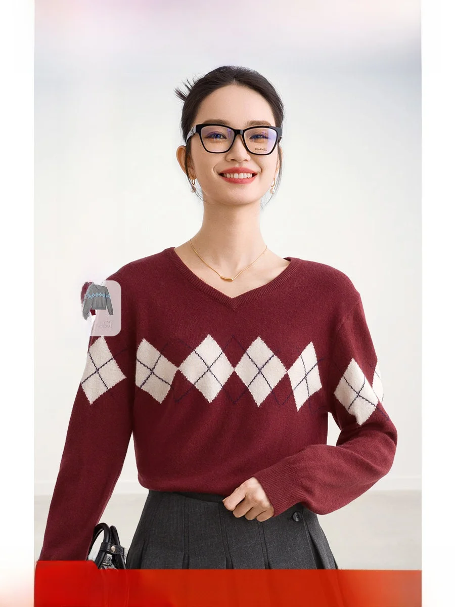 

ROCO50 Модный теплый вязаный шерстяной свитер с ромбовидным узором, свободный крой, V-образный вырез, длинный рукав