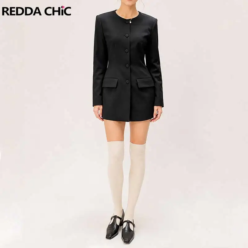 REDDACHiC Simple Black Extra-long Women Blazer Versatile Solid Cleanfit Single-breasted Slim Suit Jacket Trendy Autumn Clothes