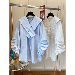 Oversized Puff Sleeve Peter Pan Collar Blouse Mid Length Top Female Spring Summer Simplicity Pleated Solid Color Women Shirts