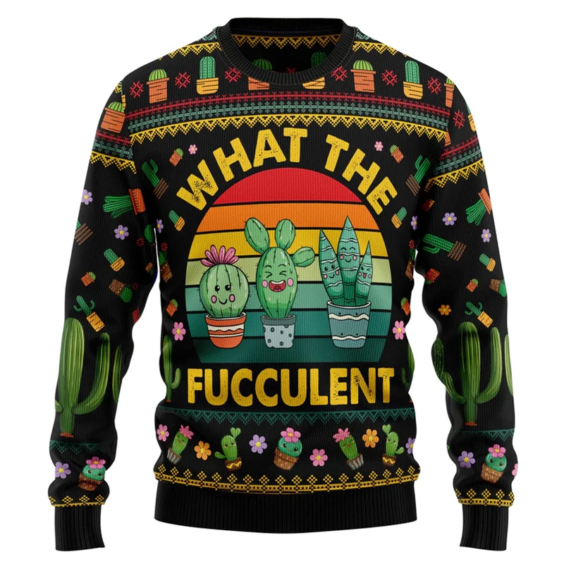 Cartoon Cactus Pattern Ugly Christmas Sweater Men Women Happy New Year Hoodies Tops Street Holiday Party Oversized Sweatshirts