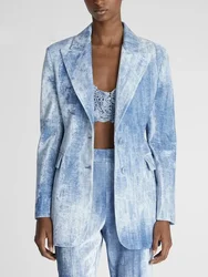 HIGH STREET Newest Fashion 2026 Designer Suit Set Women's Tie Dye Printed Slim Mid Length Blazer Long Pants Set 2PCS