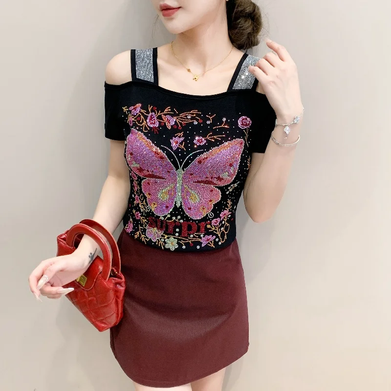 ملابس أوروبية جديدة مثيرة معطلة الكتف المرأة تي شيرت موضة الساخن الماس شبكة تيز الصيف قصيرة الأكمام أنيقة الإناث