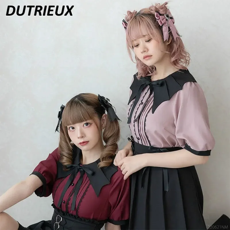 

Japanese Style Mine Series Bat Collar Bow Elegant Short Sleeve Shirt Lolita Summer Women Top Summer Fashion Casual Blouse Female