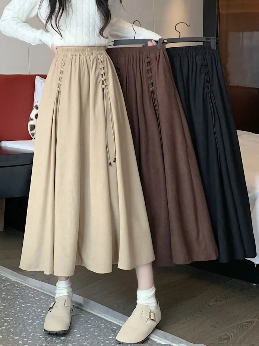 Corduroy Half length Skirt for Women High Waist Hanging Middle Long Skirt Coffee Color A-line Large Swing Skirt