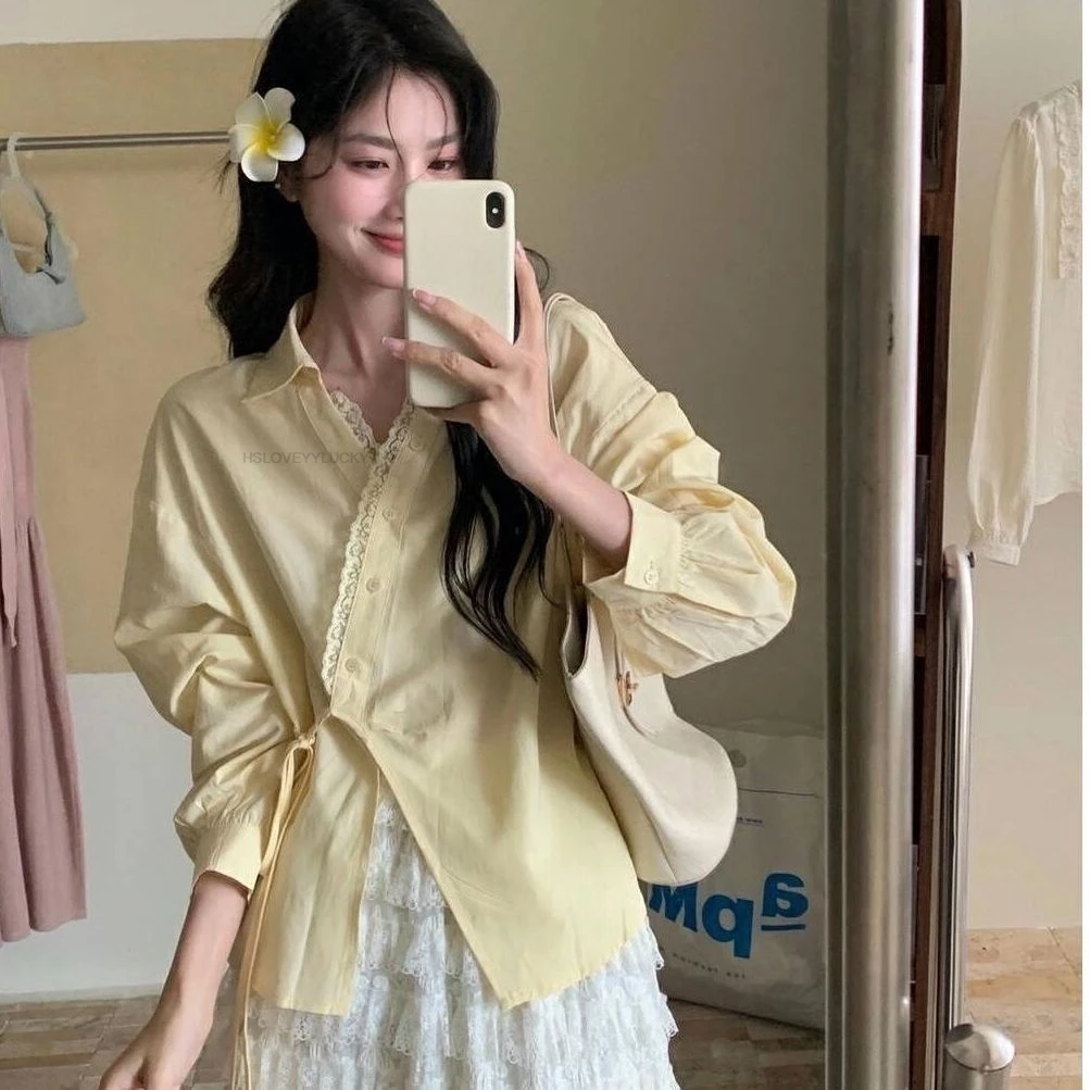 Spring Summer French Lace Patchwork V Neck Blouse For Women Irregular Bandage Long Sleeve Shirt Chinese Style Blouse Women Top