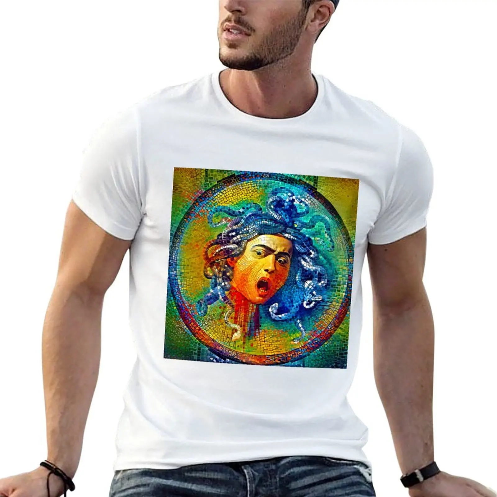 

Medusa by Caravaggio - colorful mosaic T-Shirt t shirt man designer man t shirts for men casual t shirt man cotton T-Shirt