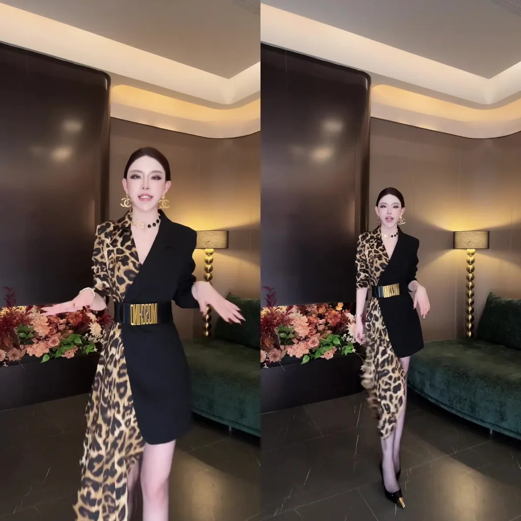 

Busin Casual Leopard Print Asymmetrical Suit Skirt Faionable Patchwork Design Tee-quarter Sve H Version for Middle-...