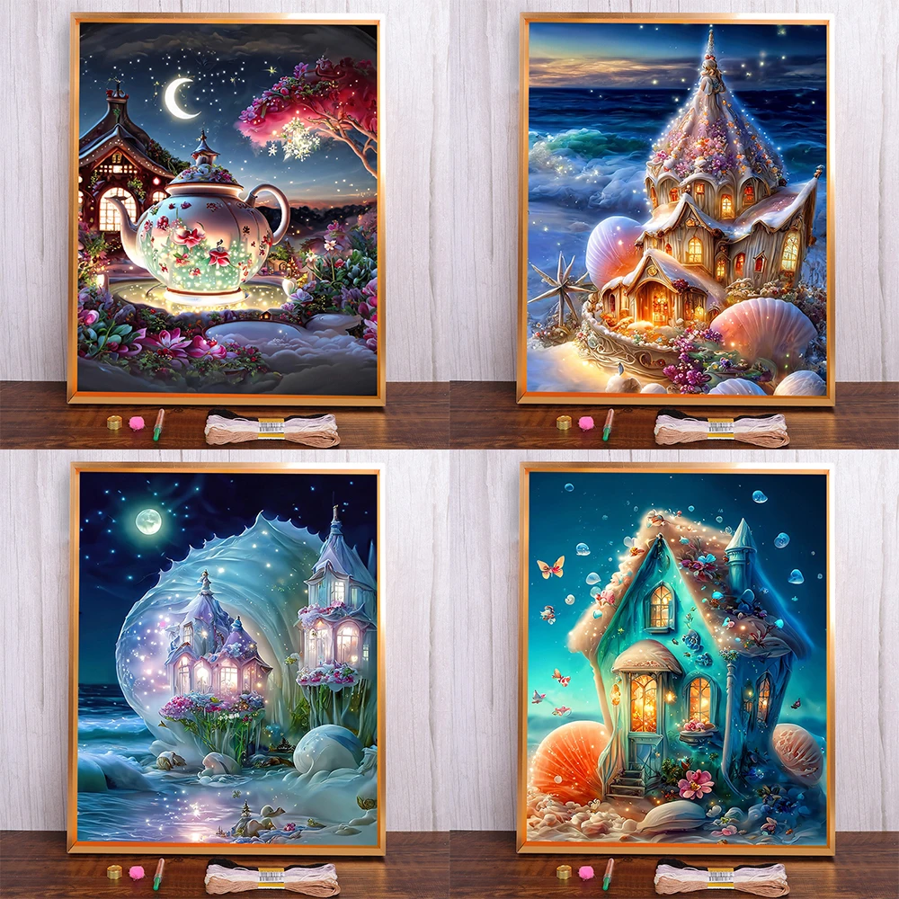 Fantasy House Wonderland Pre-Stampato Punto Croce Set di Ricamo Fai da Te Pittura Hobby Cucito Cucito Diversi Vendite di Gioielli