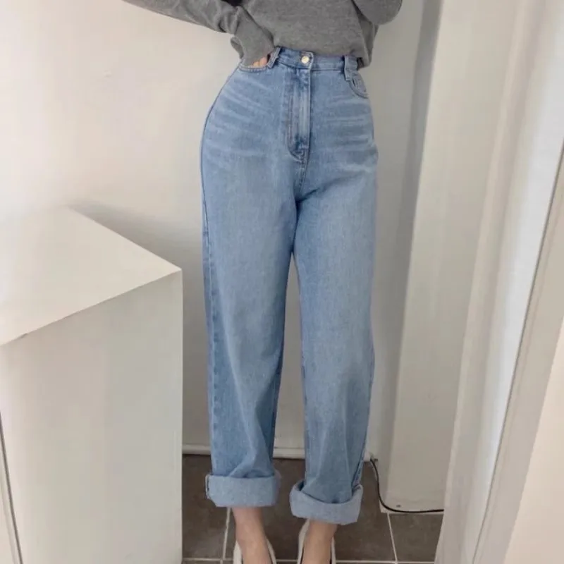 

Vintage Blue Jeans Women Streetwear 2023 High Waisted Loose Soft Denim Pants Female Korean Boyfriend Style Straight Leg Jean Mom