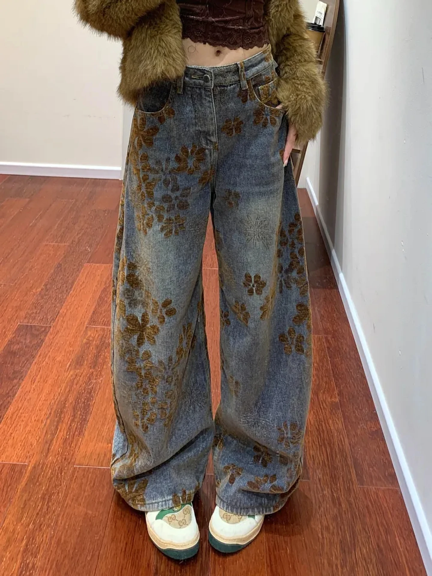 

plus Size American Retro Design Embroidered Wide Leg Jeans Women's Autumn Winter New Style Loose Versatile Slimming Pants