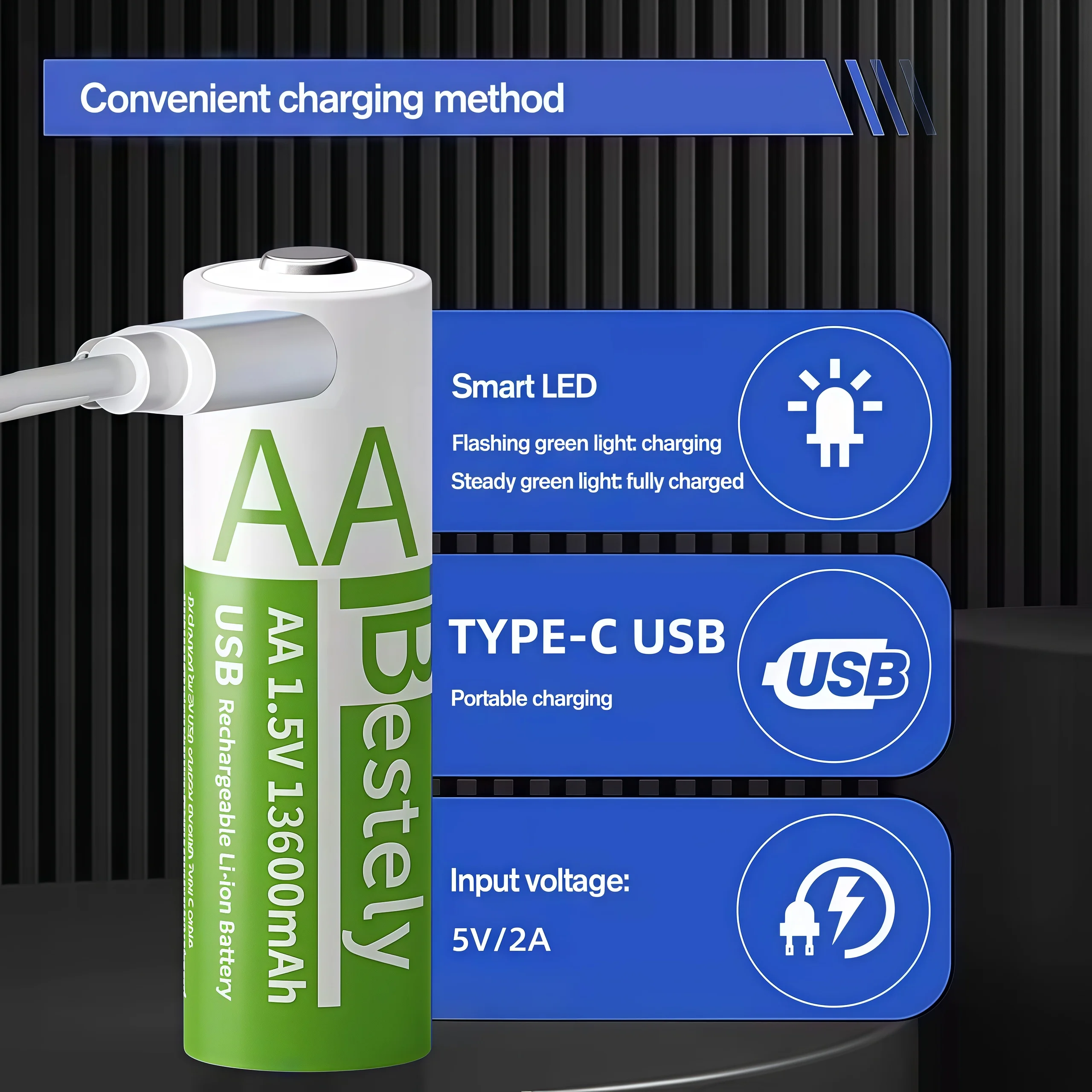 New 1.5V AA 13600mAh AAA 6800mAh Rechargeable Lithium Battery 2000 Cycles Fast Charging with Free USB-C Cable