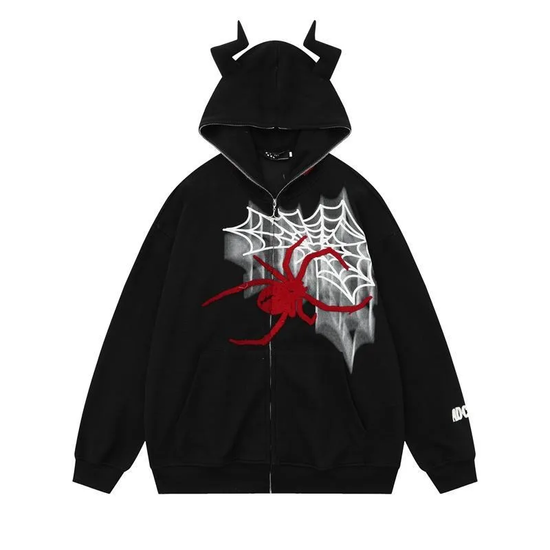 Dark Monster Horns Spiders Webs Graphic Sweatshirt Loose Overiszed Zip Up Hoodie Gothic Y2K Kawaii Clothes Harajuku Winter Coats