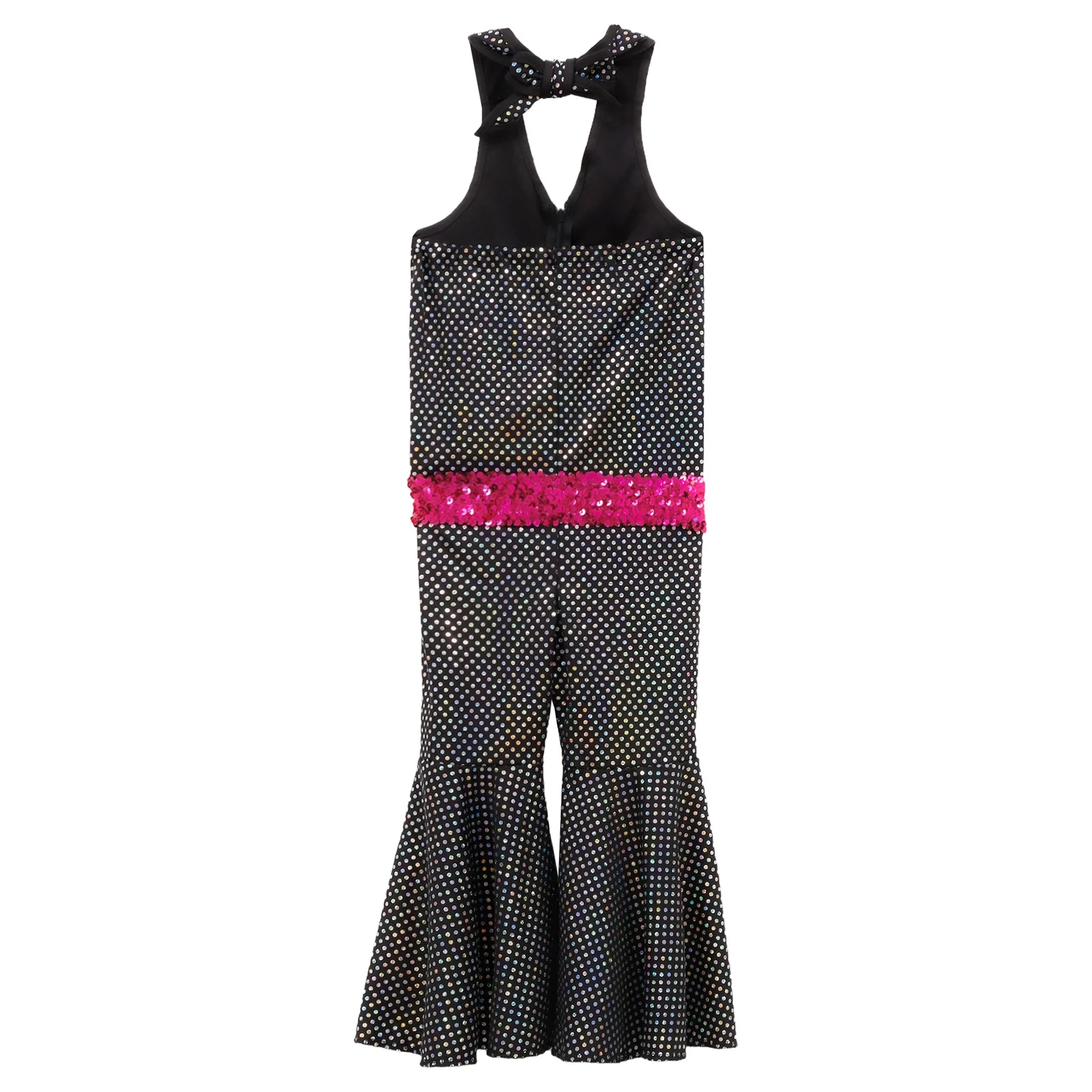 여자 레트로 디스코 점프수트 반짝이는 스팽글 타이업 스타일 앞면 보이지 않는 지퍼 벨 팬츠 할로윈용 스팽글 허리 벨트 포함