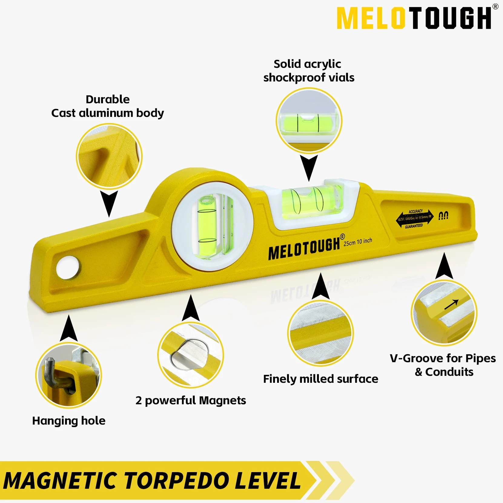 10-Zoll-Magnet-Torpedo-Wasserwaage aus Druckguss-Aluminium, kleine Wasserwaage für Bau, Zimmerei, Heimrenovierung mit Bleistift