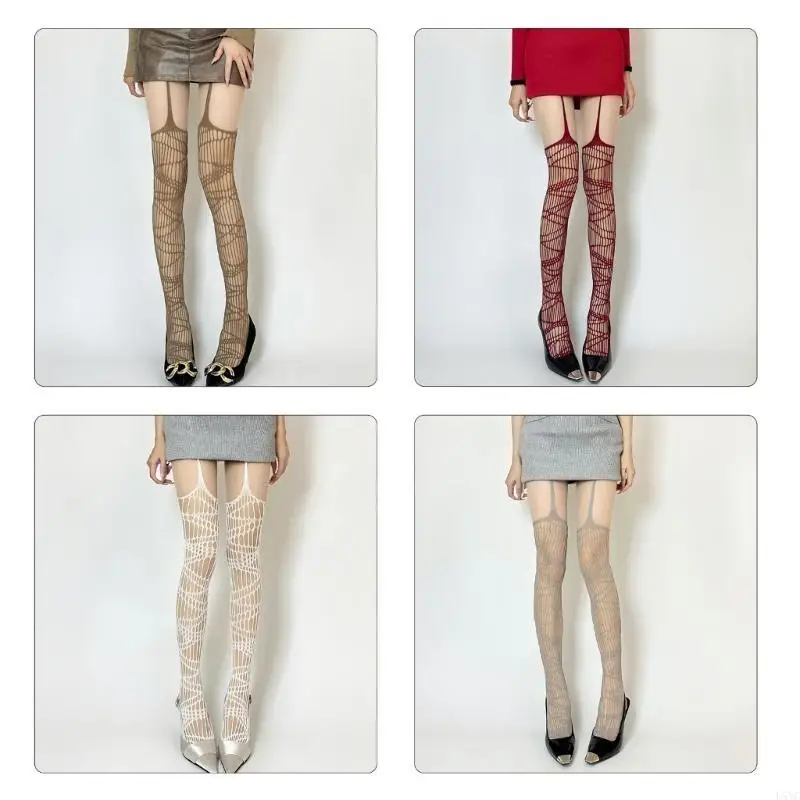 

L5YC Fashionable High Waist Tights with Hollow Out Ripped Hole Suspender Pantyhose Garter Belt Thigh High Stockings
