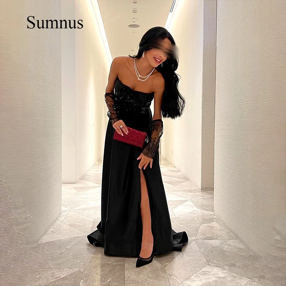 

Sumnus A Line Side Slit Evening Dresses Beads Strapless Draped Satin Long Event Prom Dress Customized Formal Gowns With Train