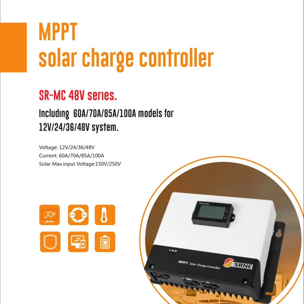 SRNE PV MAX Input 250VDC Controller solare PV MPPT 60A 70A regolatore Auto Match 12V 24V 36V 48V per Lifepo4 GEL di litio piombo acido