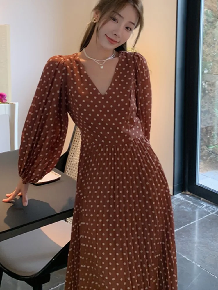 Damskie Sukienki Vintage w Kropki, Eleganckie Sukienki z Dekoltem w Serek, Wąskie Sukienki z Bufiastymi Rękawami, Sukienki na Wakacje, Bal, Wieczór, Nowe Stroje Damskie