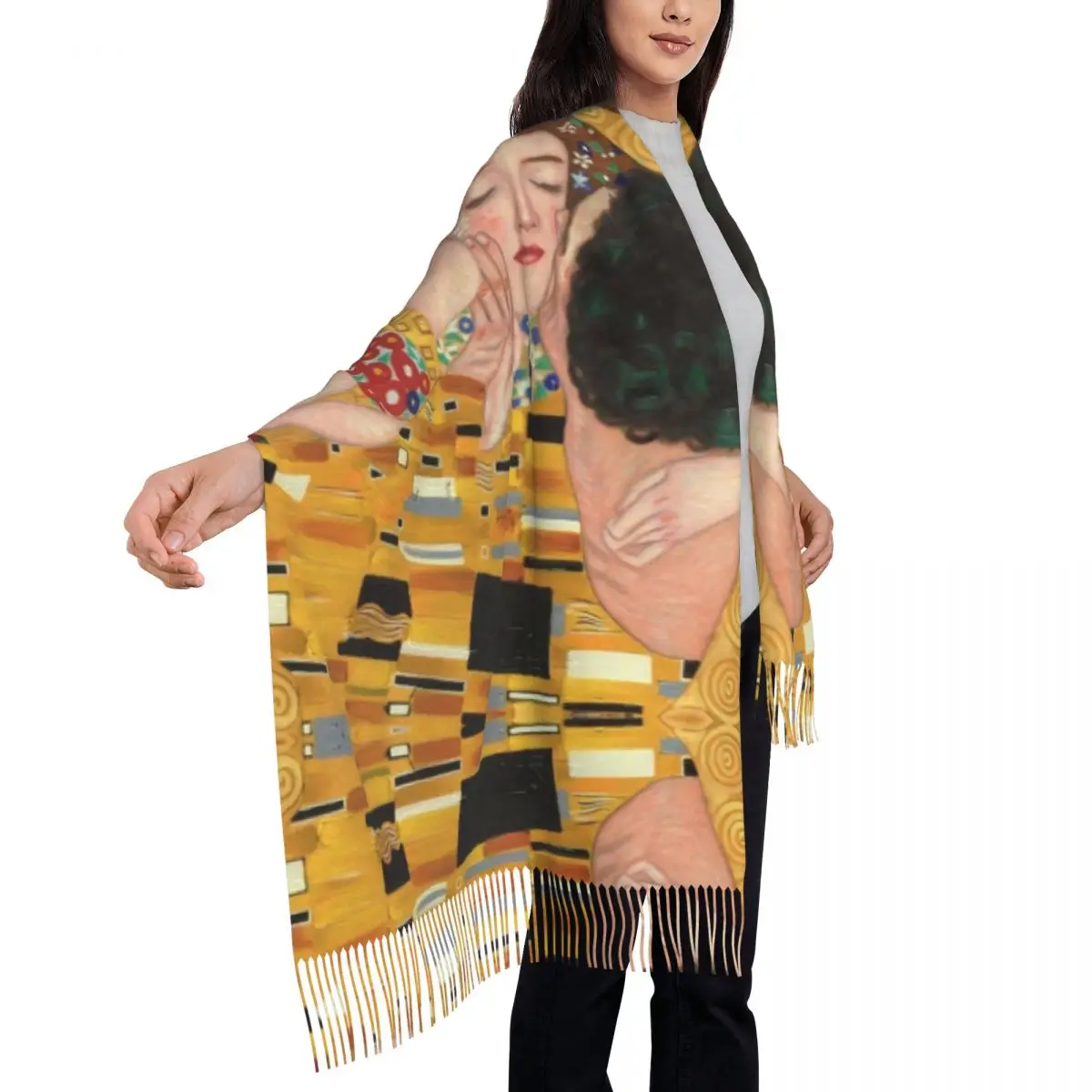 The Kiss By Gustav Klimt Scarf Women Luxury Winter Wrap Shawl Painting Art Tassel Wraps