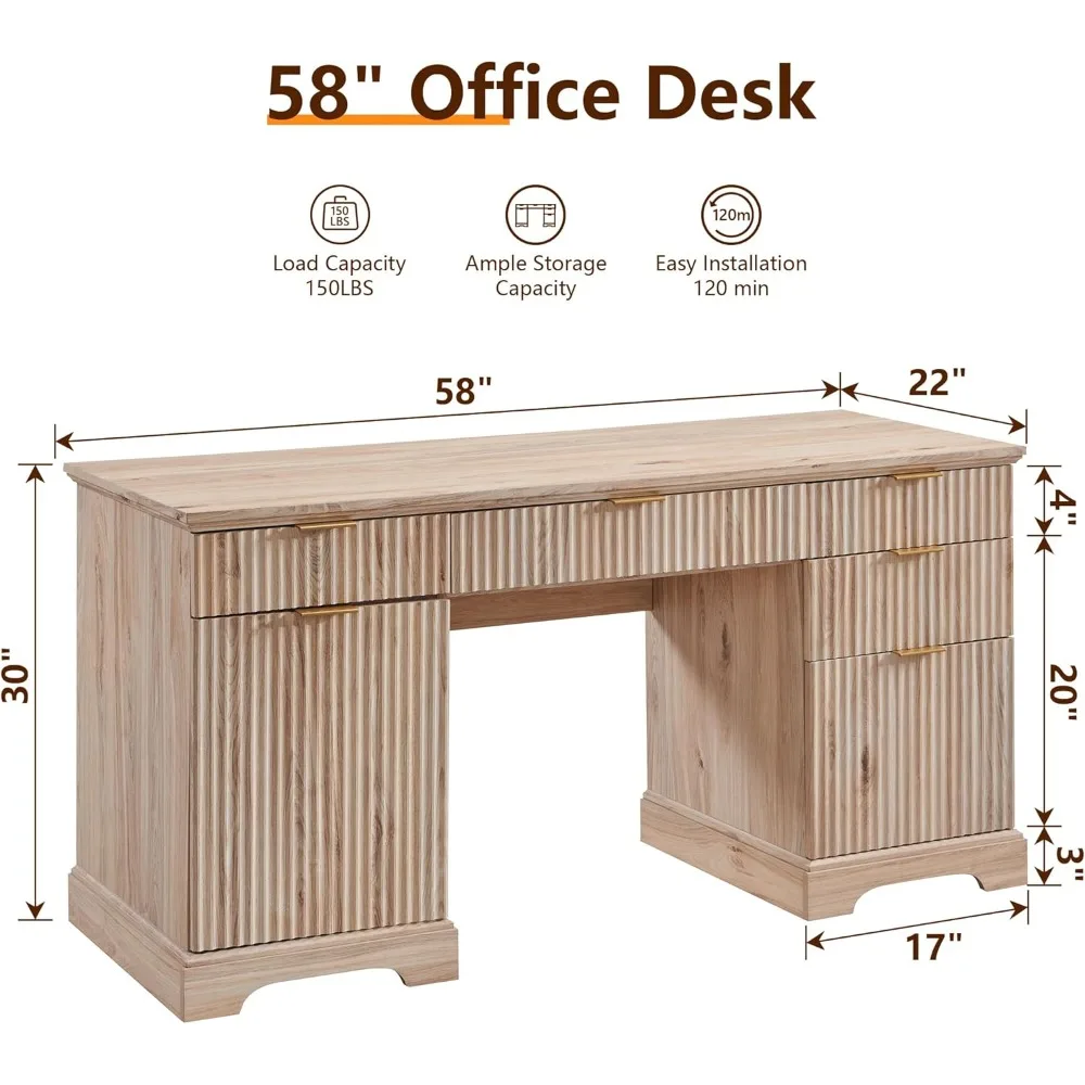 Modern Executive Desk with Storage, Wood Home Office Desk with 5 Drawers & 1 Cabinet, Fluted Computer Writing Desk for Study