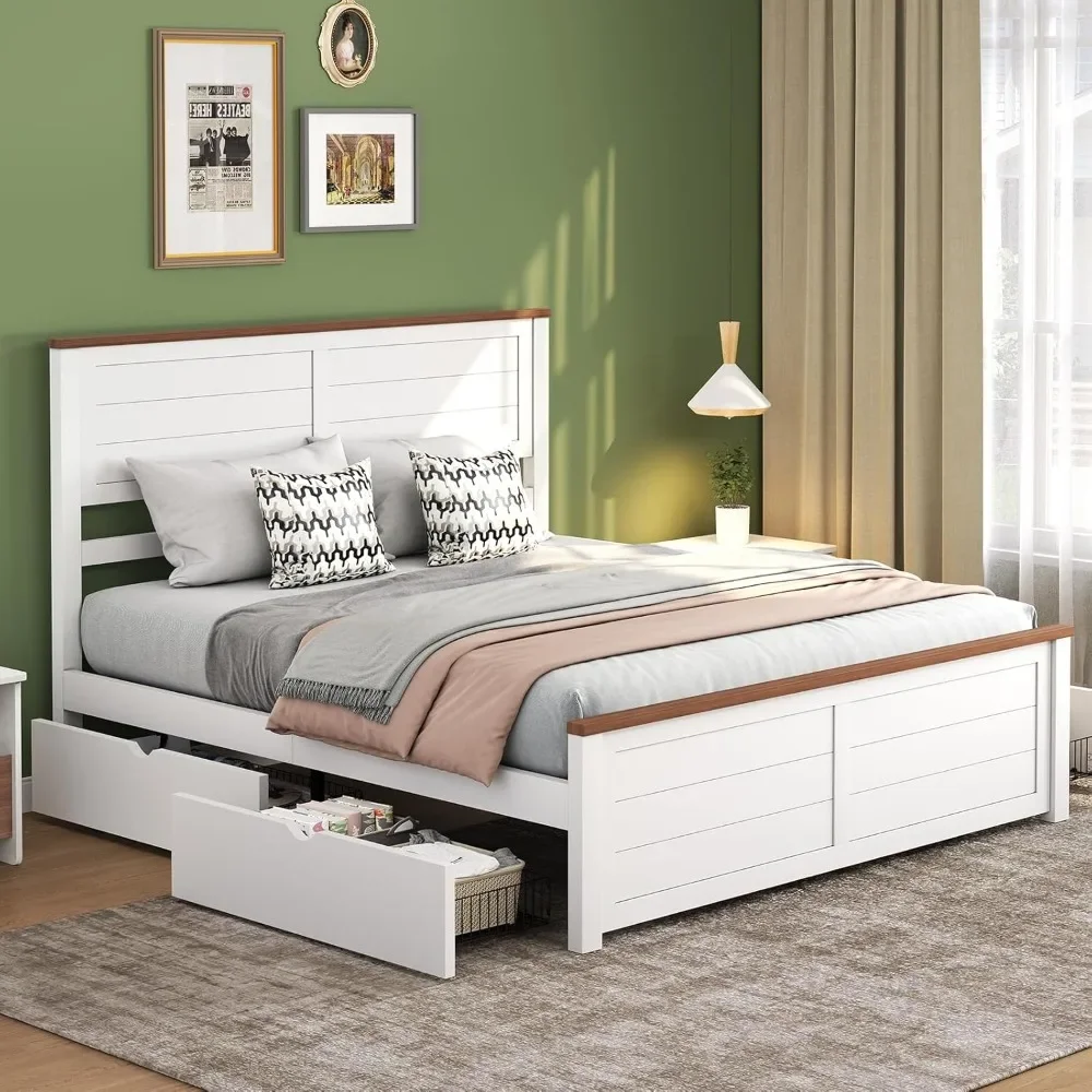 Queen Bed Frame with Headboard and 4 Storage Drawers，Wood Bed Frame for Bedroom, Wood Slats Support，Bed Frame