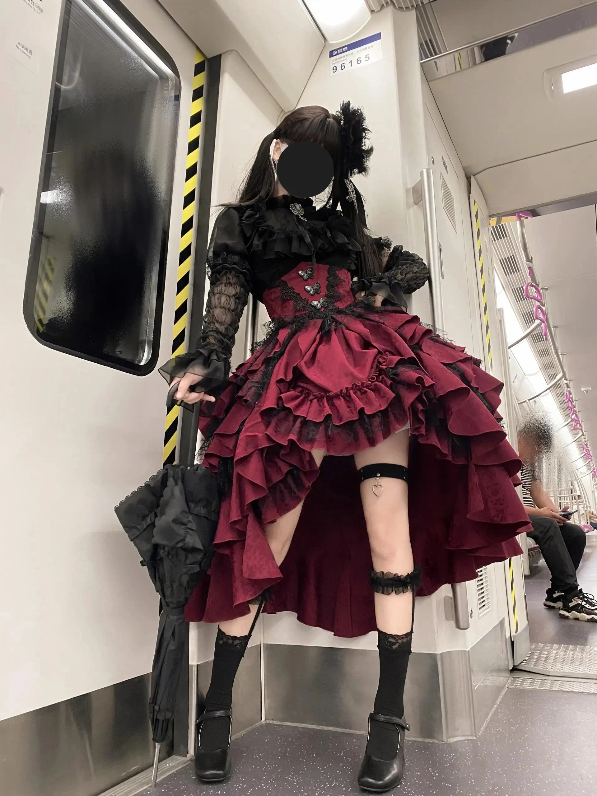 Lolita Subculture Stand Collar Bubble Short-sleeved Lace Shirt High Waist Slim Irregular Multi-layer Tutu Skirt Two-piece Set