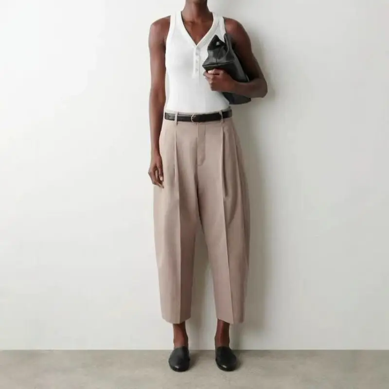 Maxdutti Southern France Lazy Minimalist Women's Pants And Trousers Woman Clothes Casual Lyocell Blended Cropped Leg Pants Woman