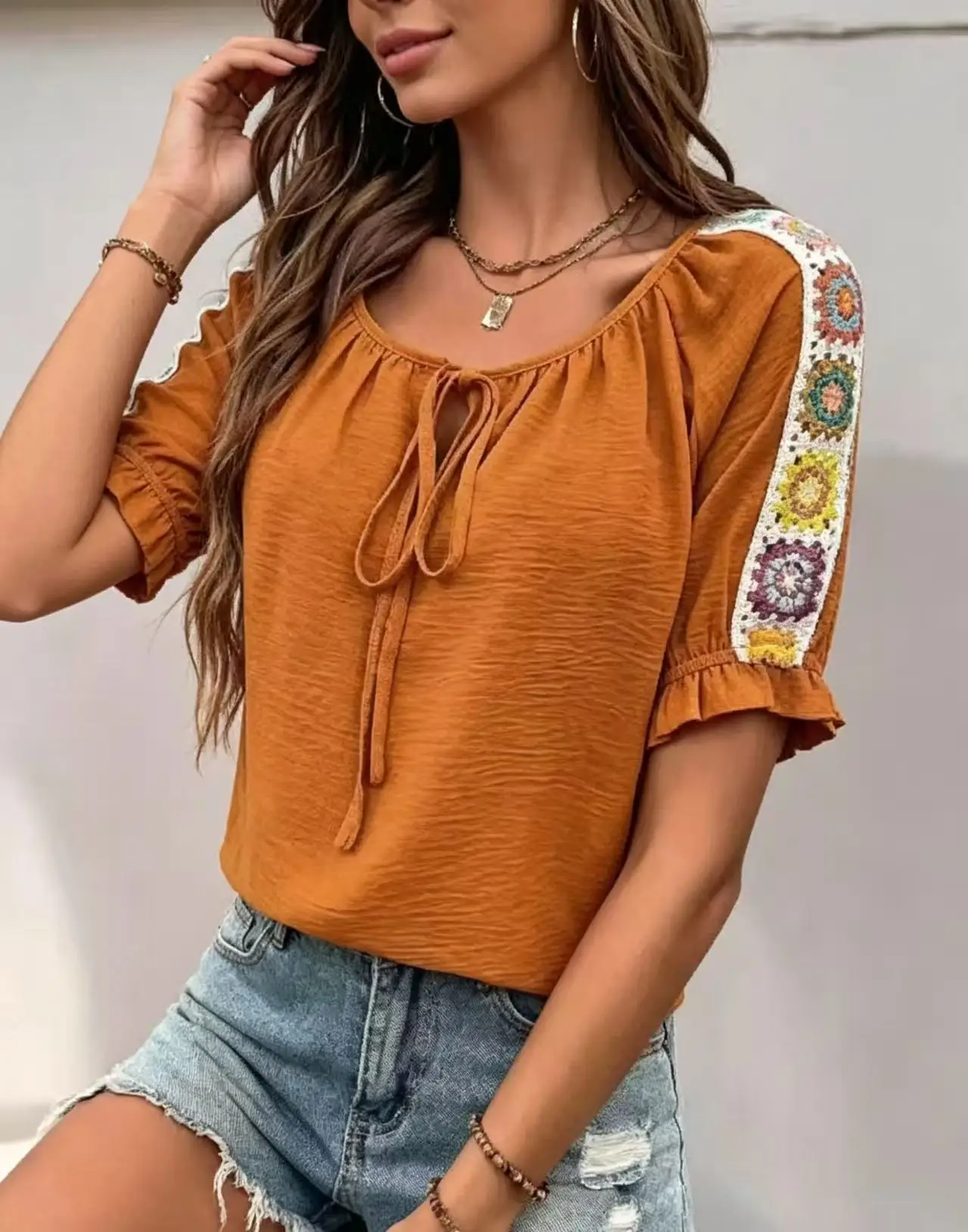 Boho Women's Blouse Tie Front Neck Short Ruffle Sleeve Ethnic Crochet Splice Casual Daily Top view 3