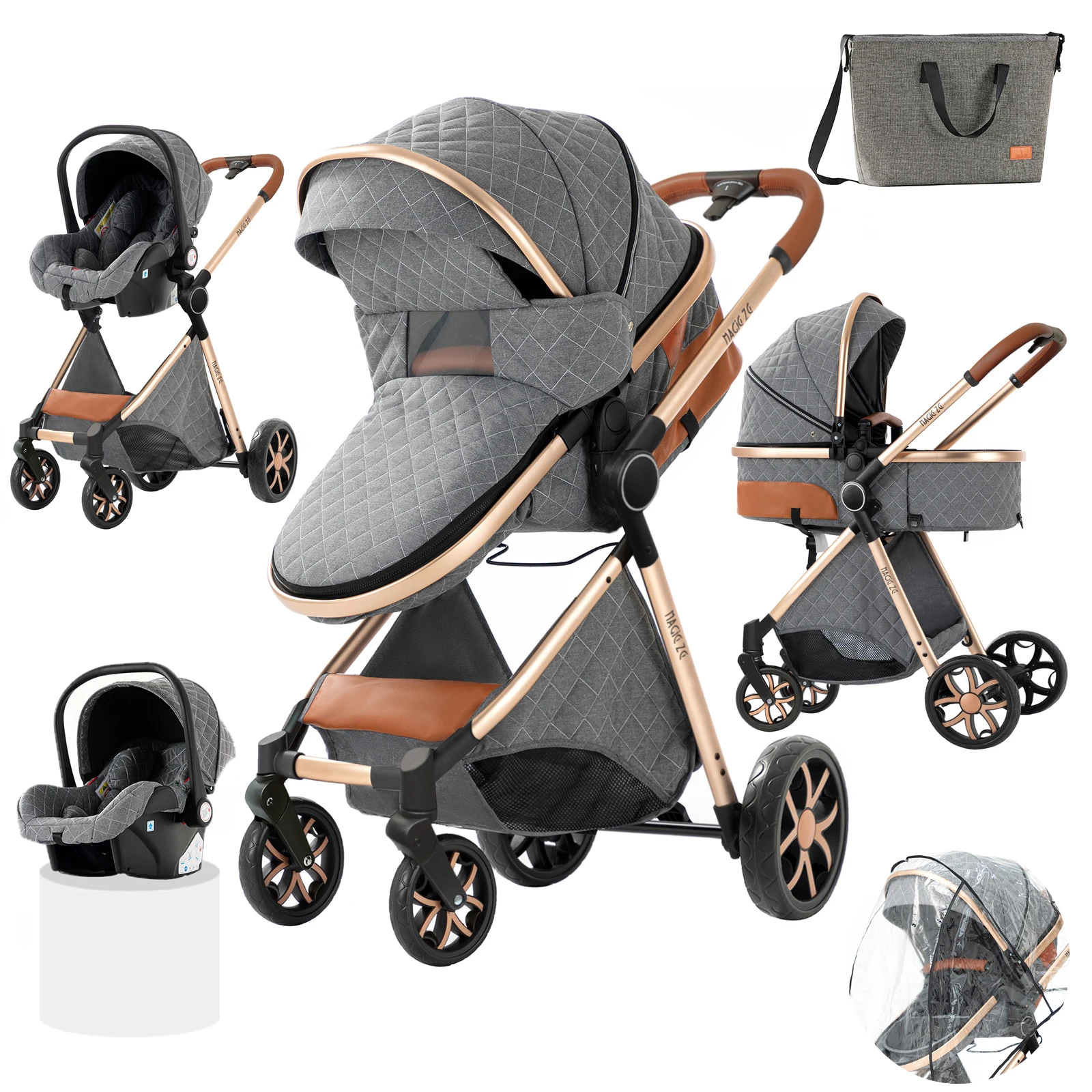 3-in-1 Baby-Kinderwagen-Reisesystem, Kinderwagen mit Autositz, leichter Rahmen, kompakt zusammenklappbar, hohe Sitzposition, stoßdämpfende Räder, umkehrbarer Sitz, mehrfach verstellbare Rückenlehne,