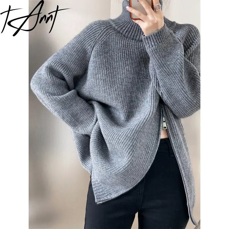 

GetSpring Women Sweater 2024 Autumn Winter New Turtleneck Zipper Knitted Sweater All Match Bottoming Pullovers Loose Women Tops