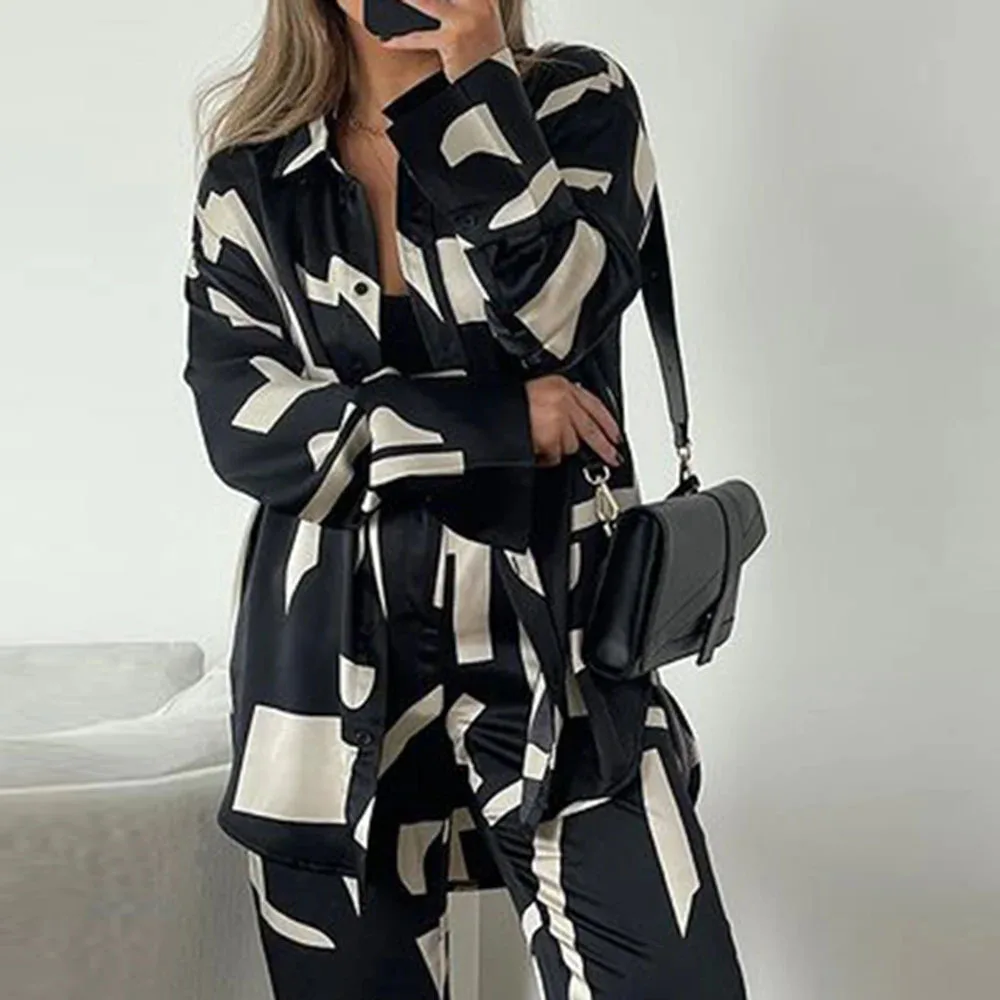 Elegant Women Pant Sets Autumn 2024 Long Sleeve Lapel Print Tops Fashion Beach Baggy Wide Leg Trousers Ladies Two Piece Suits