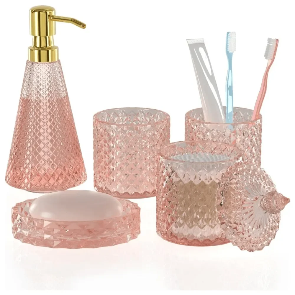 

Bathroom Accessories OrganizerBathroom Accessories Set, 5 Pieces Triangle Glass Bathroom Accessories With Lotion Soap Dispenser,