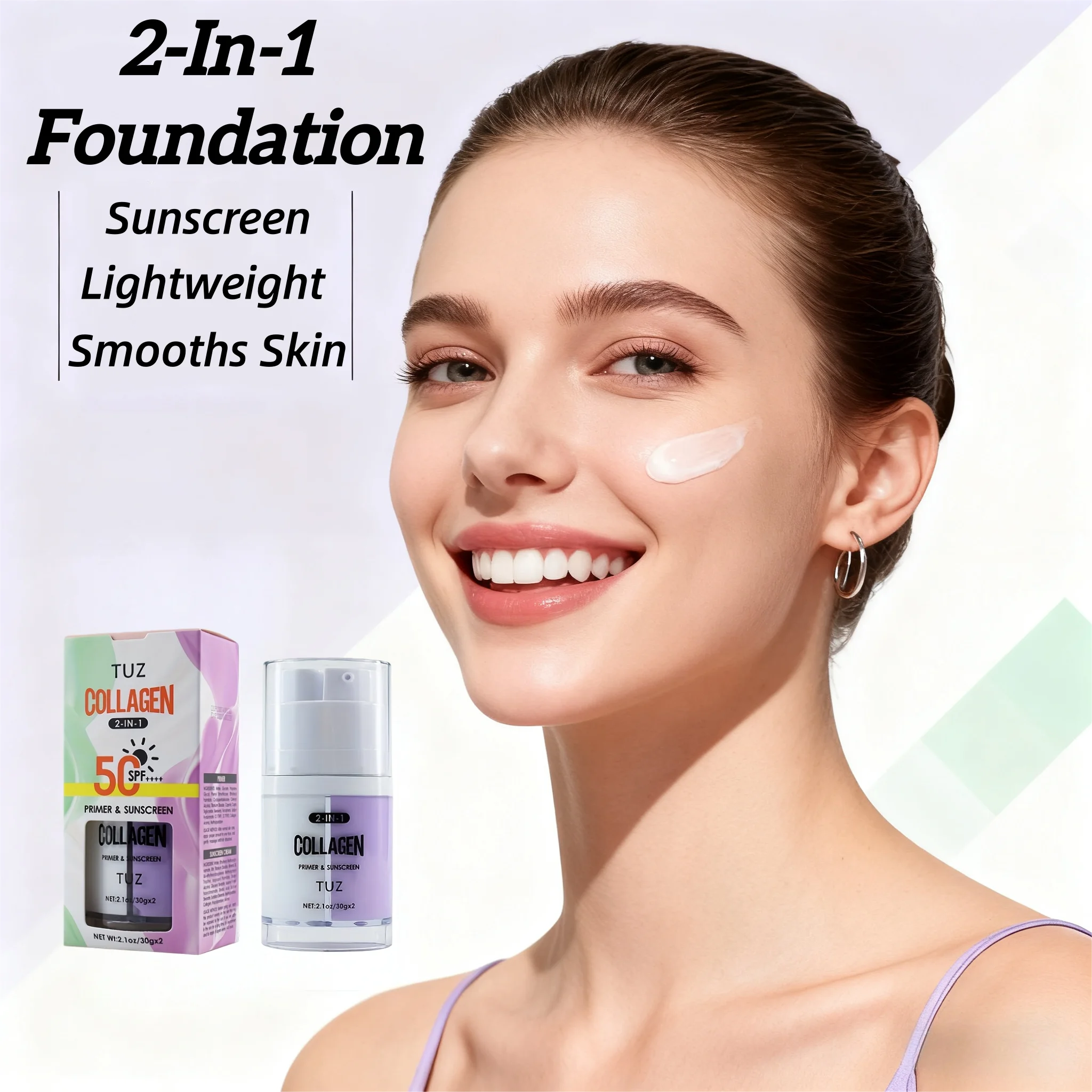 Apprêt et crème solaire 2 en 1 au collagène Spf 50, apprêt pour le visage à double chambre avec protection solaire au collagène et base de maquillage pour une peau impeccable