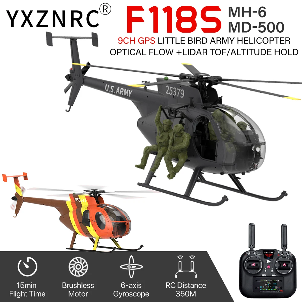YUXIANG F118S RC Helicopter MH‑6 MD‑500 Little Bird 1/16 9CH GPS Figures Reserved FPV Space
