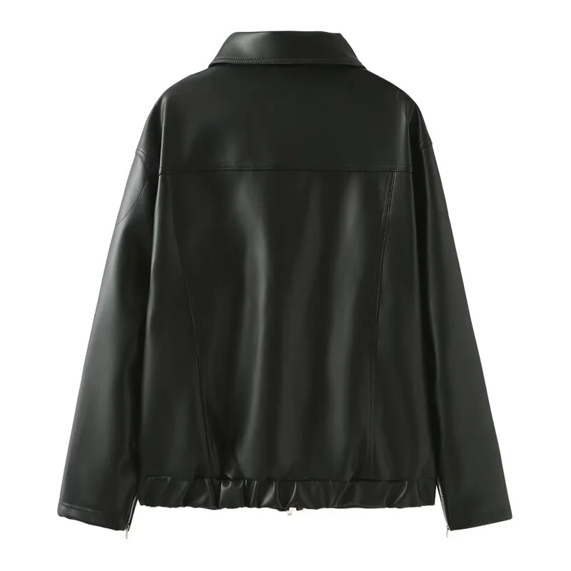 2026 Women's New Spring Cute Bow Decor Faux Leather Jacket, Zip Front Lapel Collar, Stylish and Versatile for Daily Outings