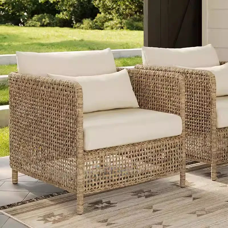 French Beige Sofa Lounge Chair 7 Seater Sofa Set Plastic Natural Rattan Sectional Outdoor Garden Sofa Patio Aluminum