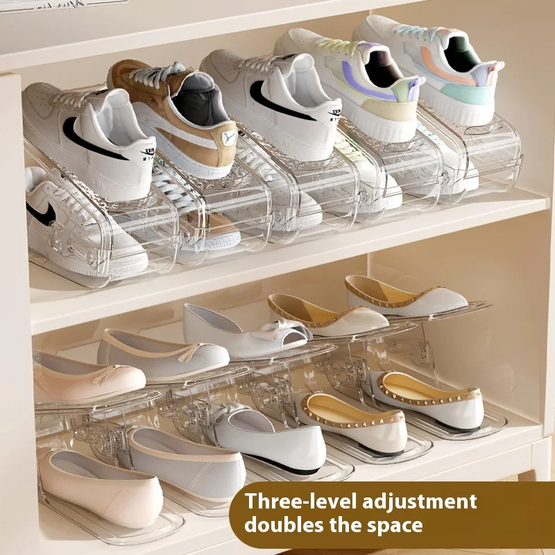 2/4pcsAdjustable Shoe Organizer Double-layer Footwear Support Slot Space Saving Cabinet Closet Stand Shoes Storage Rack Box H