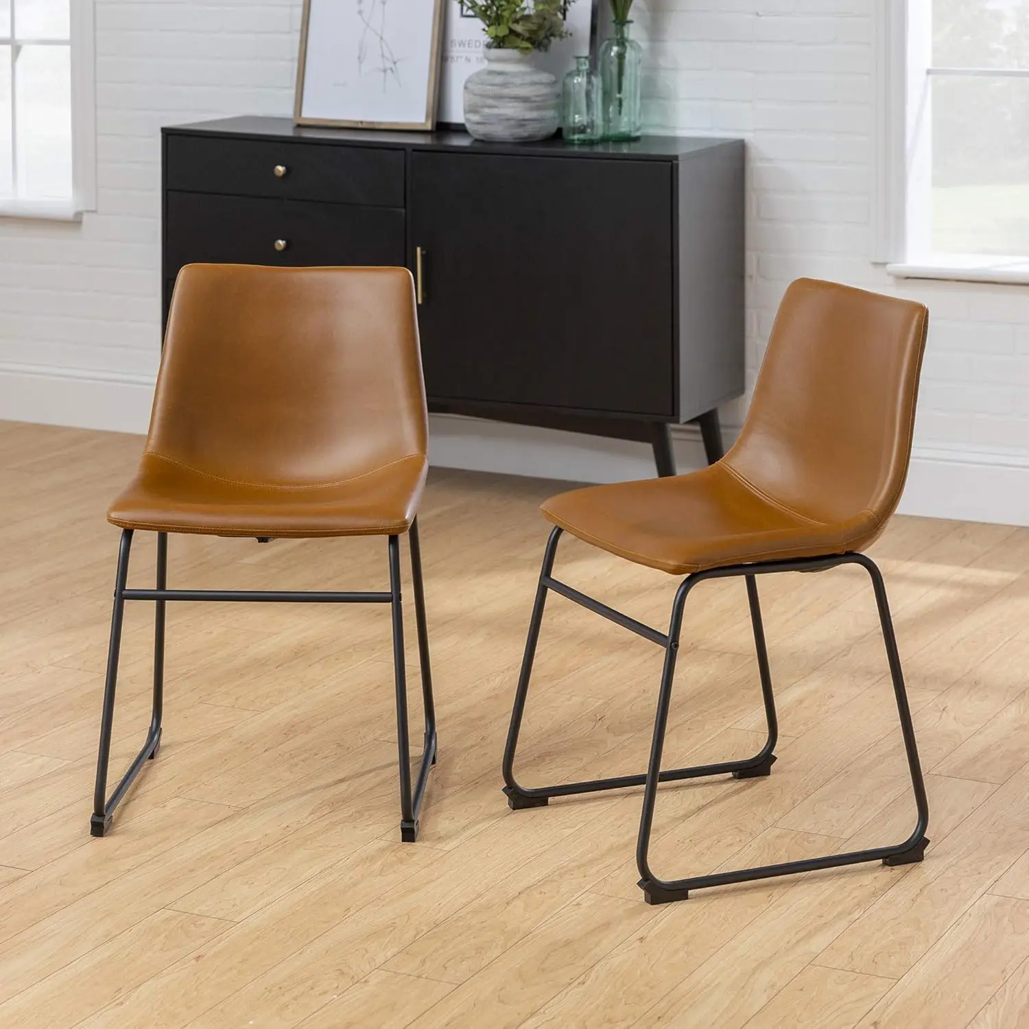 Industrial Faux Leather Armless Dining Chairs, Set of 2, Whiskey