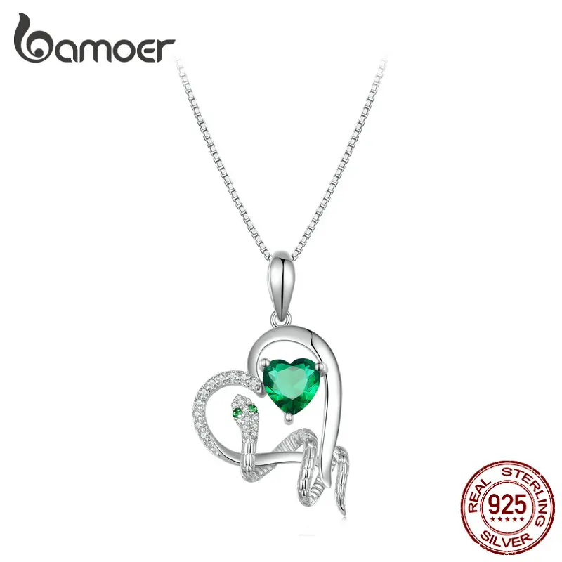 Bamoer 925 Sterling Silver Delicate Green Zircon Heart Pendant Necklace Snake Intertwine Love Neck Chain for Women Fine Jewelry