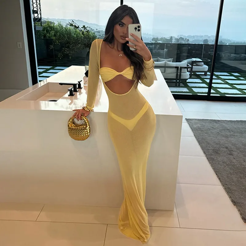 2025, Sommer, solides, durchsichtiges Urlaubs-Maxikleid für Damen, V-Ausschnitt, tief ausgeschnitten, volle Ärmel, schmal, lässig, Strand-Bikini-Vertuschungen