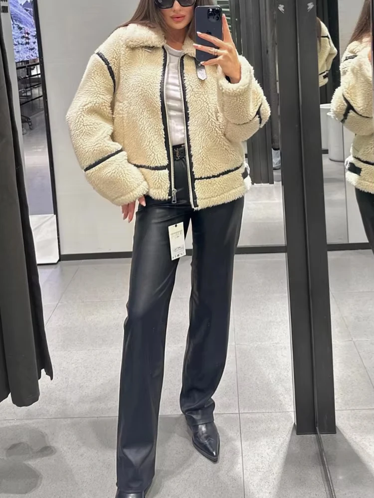 Siren Chic Autumn New Women's Wear European and American Style Casual Fur One Piece Lamb Wool Contrast Color Plush Warm Jacket