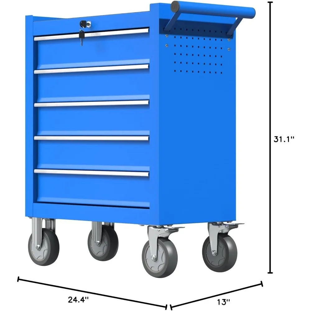 5段引き出し付きヘビーデューティーローリングツールチェスト、大容量収納、作業場用メカニックロック式メタルツールキャビネット