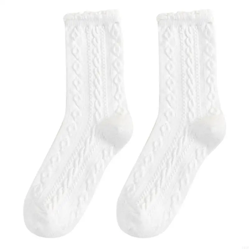 

195E Women Japanese Styles Student Frilly Ruffle Trim Middle Tube Socks Elegant Twist Knit Striped Pattern Ankle Socks