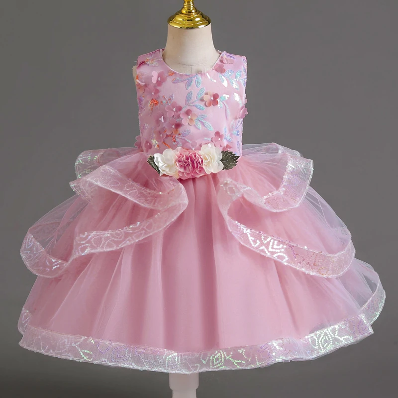 

Girl Baby Dress Embroidery Sequin bow short sleeve puffy Princess Dress 0-5 years old baby girl birthday communion party dress