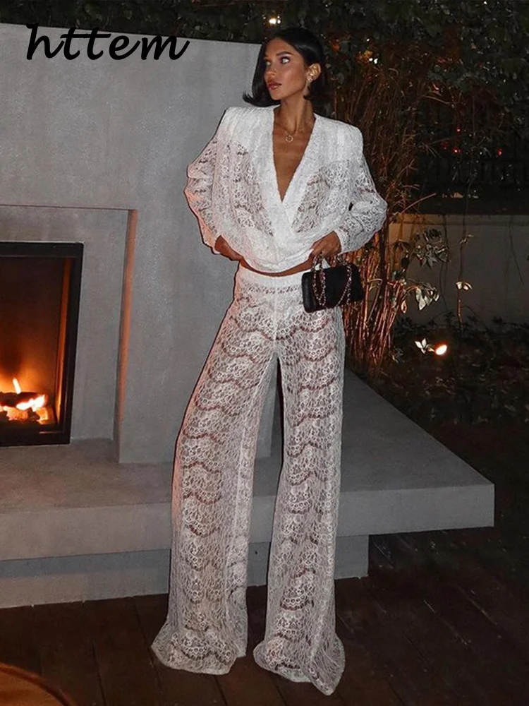 

Fashion Jacquard Lace Pants Sets 2 Pieces For Women Sexy V-neck Hollow Out TopsLong Wide Leg Pant 2025 Spring Lady Street Outfit