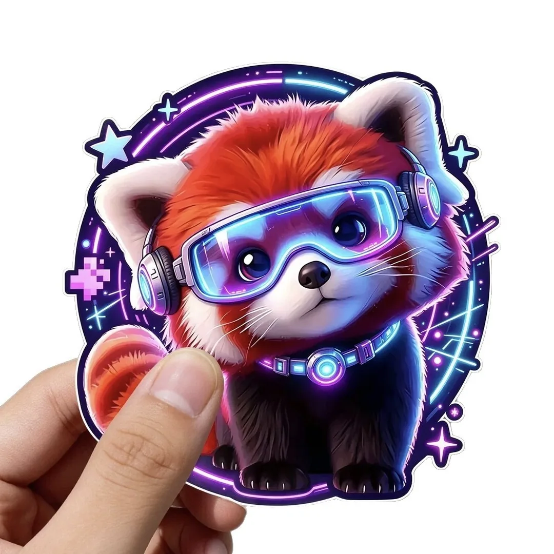 Cute Neon Galaxy Cyberpunk Red Panda Car Decal, Waterproof Vinyl Sticker, Car Door Window Motorcycle Luggage Decor