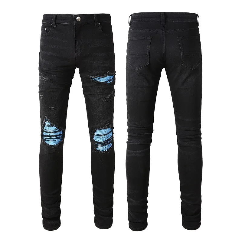 [BOMP] Washed Cat Whiskers Creases Holes, Blue Patchwork Patches, Elastic Slim Fit Shorts, Jeans